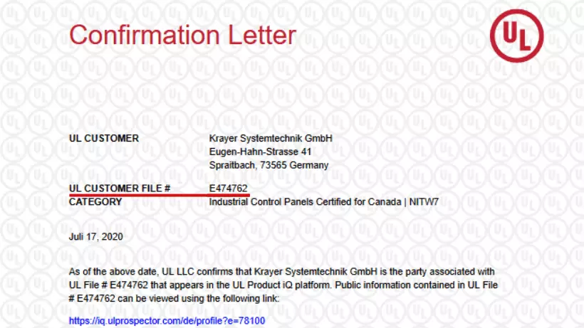 E-File auf UL Confirmation Letter Ein Confirmation Letter von UL mit E-File