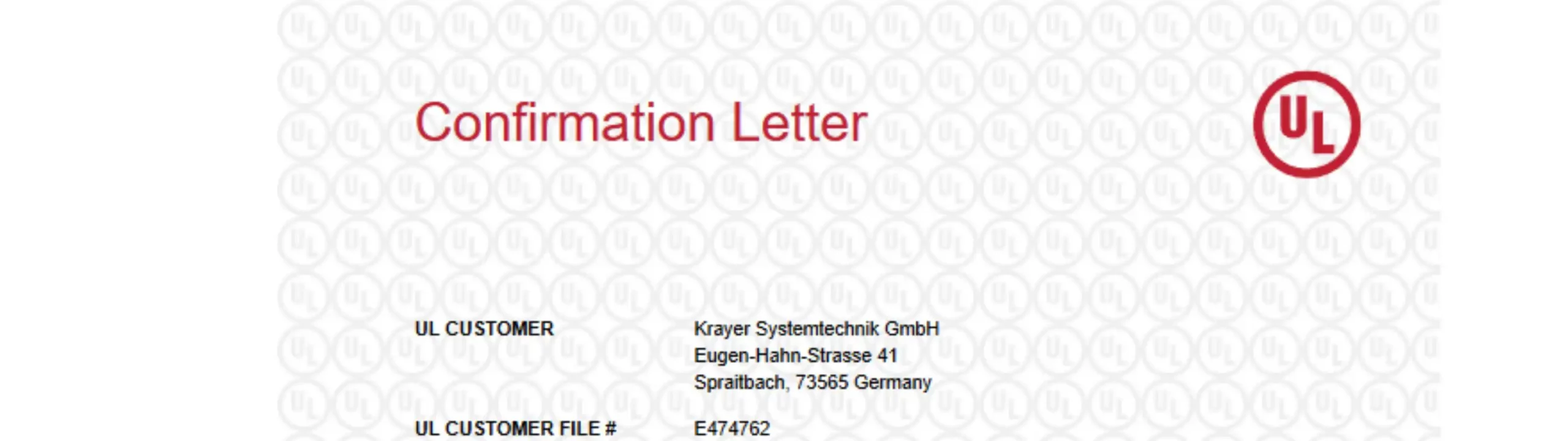 Bestätigungsschreiben von Krayer Systemtechnik mit UL-Logo und Adresse.