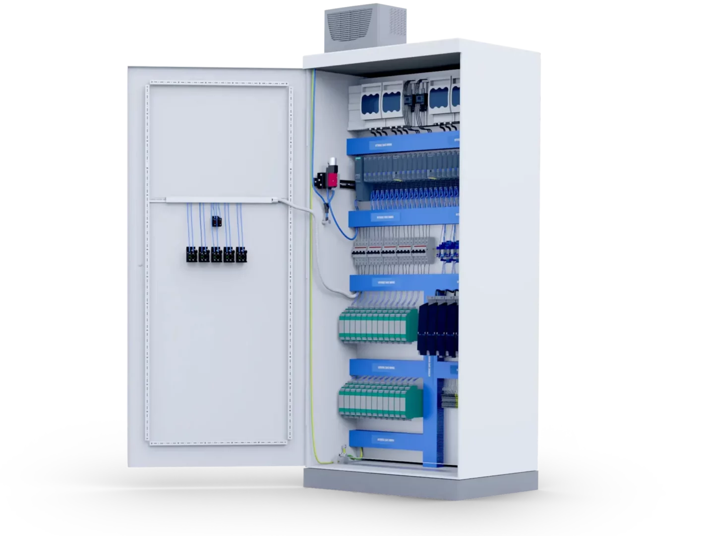 Schaltschrank mit Steuerung und Verkabelung für industrielle Anwendungen.