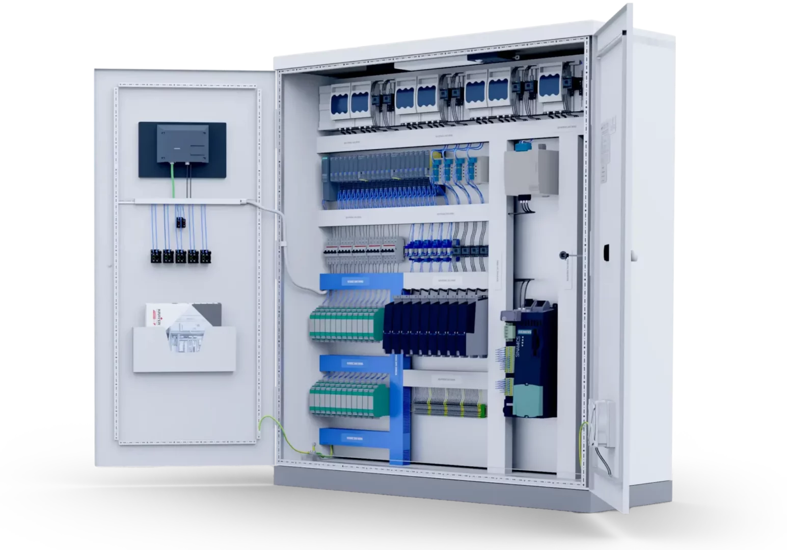 Control panel according to UL 698A as a 3D model" title="The interior of a UL 698A certified control cabinet in 3D