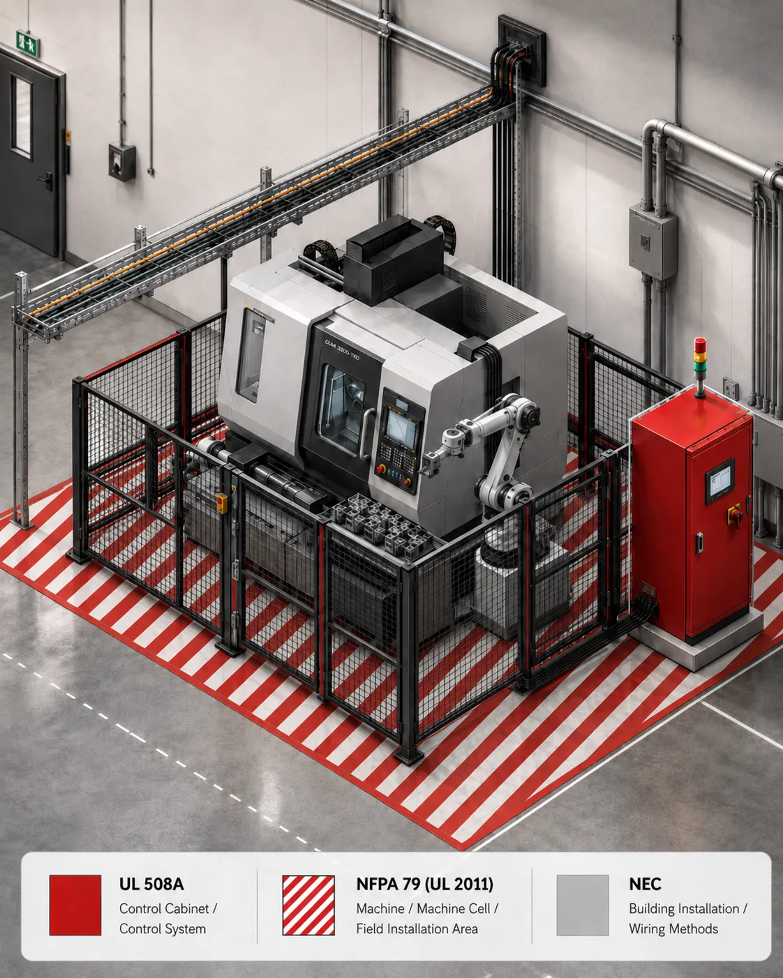 Isometrische Darstellung einer Maschinenzelle mit UL-508A-Schaltschrank, NFPA-79-Bereich und NEC-Gebäudeinstallation